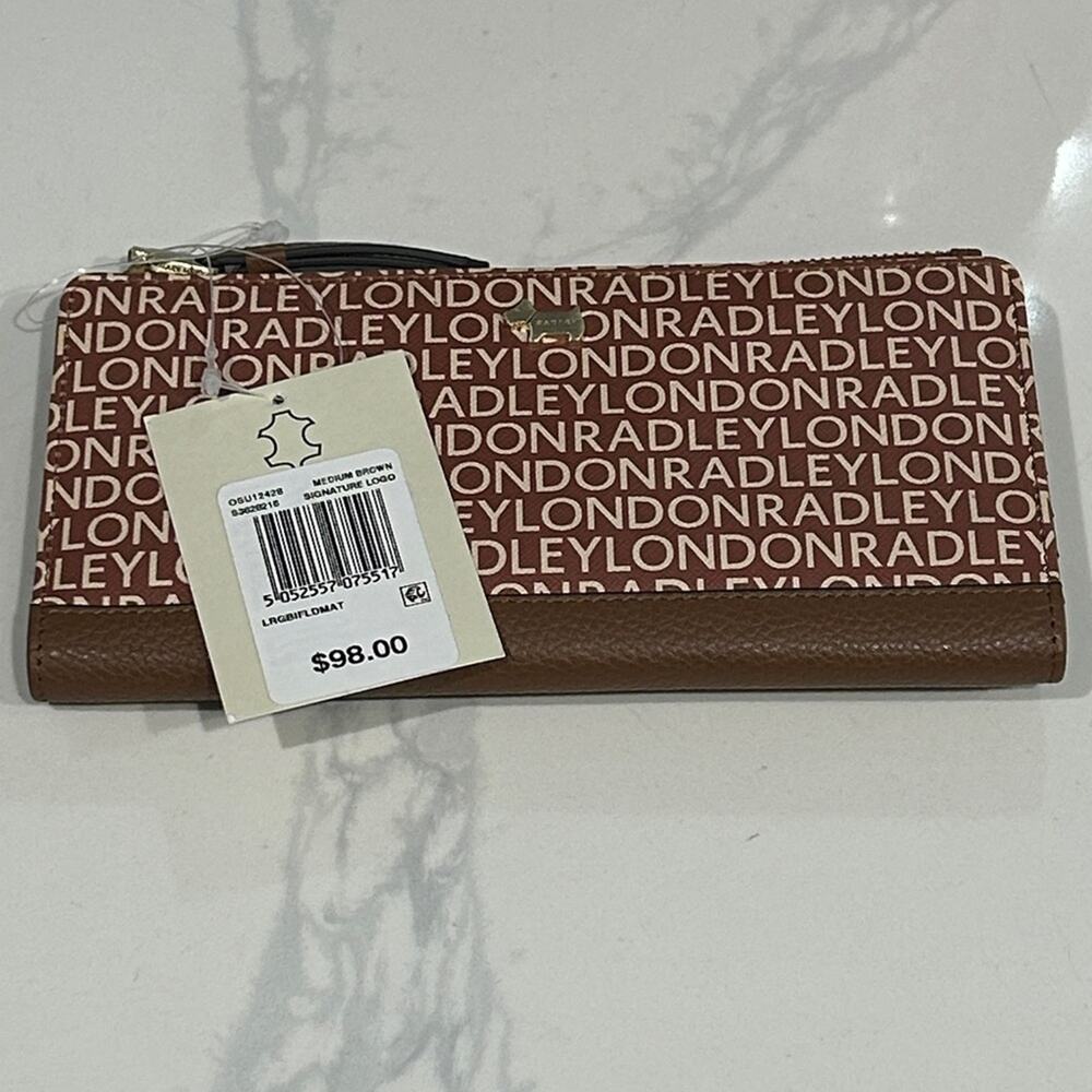 Radley London NWT Leather Zip Around Wallet Brown Logo Print $98 Retail